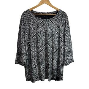 Lucky Brand Womens Earthy Tunic 2X Black Paisley Boho Peasant Indie Festival Top